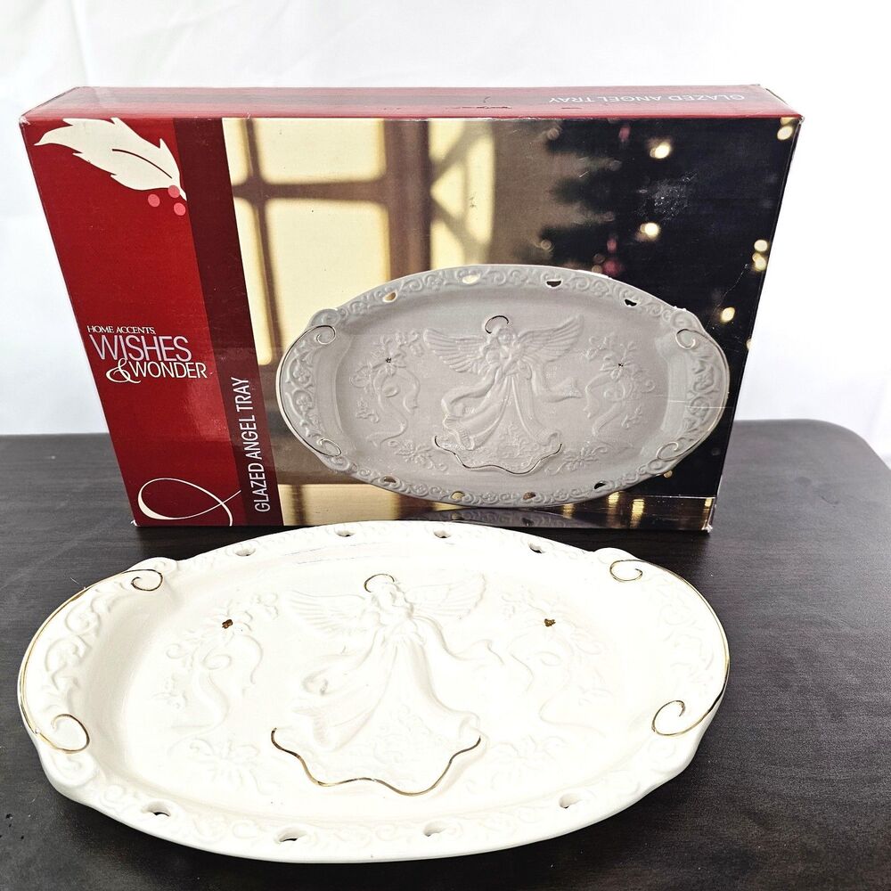Home Accents Wishes & Wonder Glazed Oval Angel Tray Gold Accents 13"x8.5"